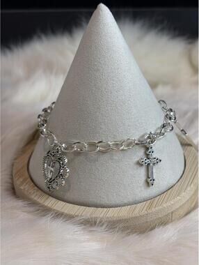 925 Italy Sterling Silver Adjustable Cross Charm Bracelet Size 7+